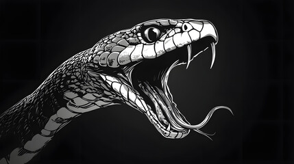 Naklejka premium Black and white snake head with open mouth, vector style 