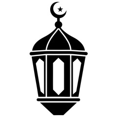 Black and White Silhouette of Islamic Lantern with Crescent Moon and Stars, Islamic icon 