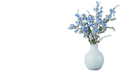 Light blue delphiniums in white vase on transparent background