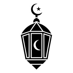 Black and White Silhouette of Islamic Lantern with Crescent Moon and Stars, Islamic icon 