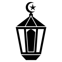 Black and White Silhouette of Islamic Lantern with Crescent Moon and Stars, Islamic icon 