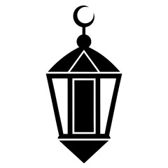Black and White Silhouette of Islamic Lantern with Crescent Moon and Stars, Islamic icon 