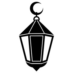 Black and White Silhouette of Islamic Lantern with Crescent Moon and Stars, Islamic icon 