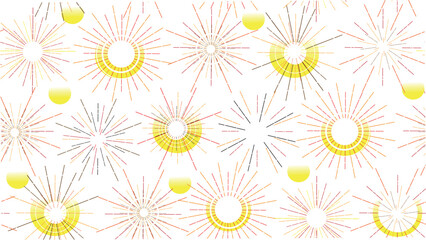 Seamless pattern with bright sparklers and fireworks, festive yellow pattern on a white background, red and orange stripes with yellow fireworks flash