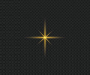 Shine, glare, flare, flash illustration. gold star on transparent, Vector png glowing light effect