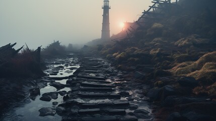 beautiful scenery with huge white lighthouse and sea! formidable dark rocks with sea