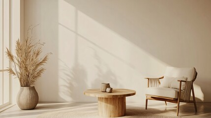 Scandinavian-inspired living room with neutral colors, clean lines, and wooden furniture, copy space