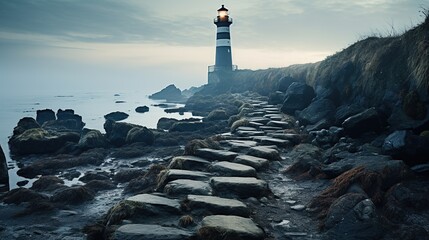 beautiful scenery with huge white lighthouse and sea! formidable dark rocks with sea