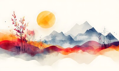 Watercolor mountain landscape with sun and trees painting illustration design