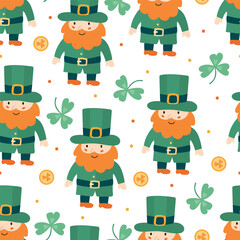 Seamless pattern with hand drawn leprechauns, shamrocks, and gold coins for St. Patrick’s Day. Ideal for fabric, textile, wrapping paper, wallpaper, and festive surface design