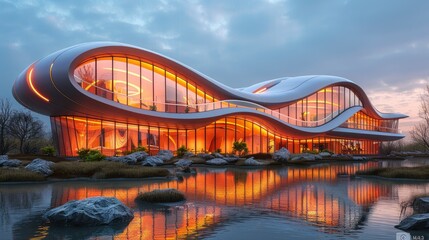 Obraz premium Futuristic building with flowing design, illuminated at dusk, reflected in a calm pond.