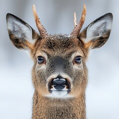 Fototapeta premium Young buck deer winter portrait, snowy background, wildlife