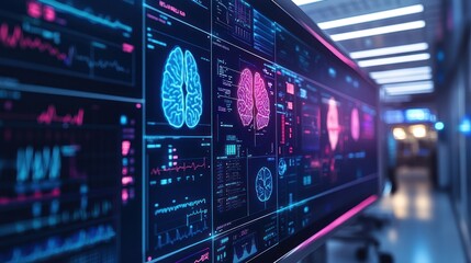 Fototapeta premium Brain scan data displayed on large monitor in modern lab