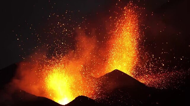 Dual-crater strombolian eruptions on Pico do Fogo volcano, Fogo, Cape Verde.