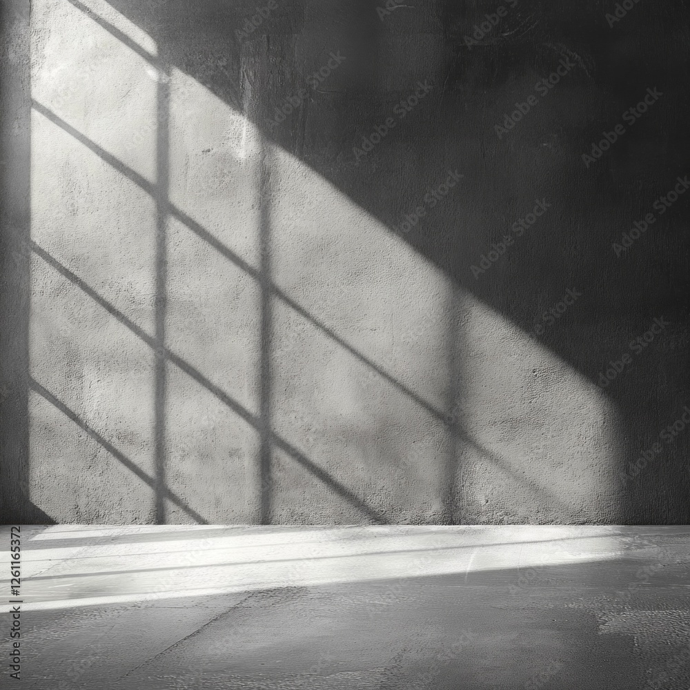 Poster Soft beams of light filter through tall windows, casting intricate shadows on the rugged surface of a cement wall. This serene moment captures stillness and simplicity, evoking a sense of calmness