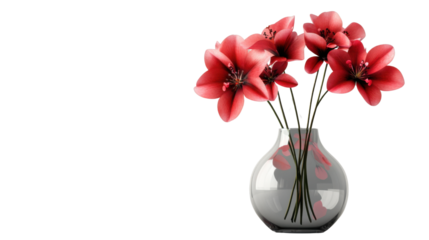 Red flowers in a glass vase on transparent background