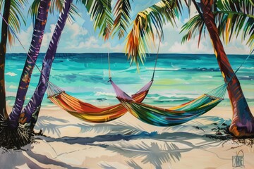 Naklejka premium Vibrant Caribbean Hammock Paradise: Colorful Relaxation on Pristine Beach for Travel Posters