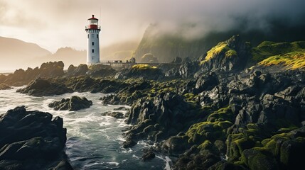 beautiful scenery with huge white lighthouse and sea! formidable dark rocks with sea