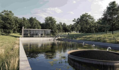 Fototapeta premium Modern water treatment plant nestled in serene woodland.