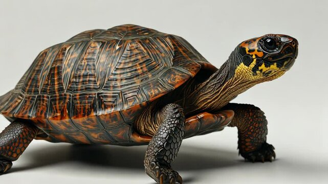 Colorful tortoise walking across a smooth surface in a well-lit environment