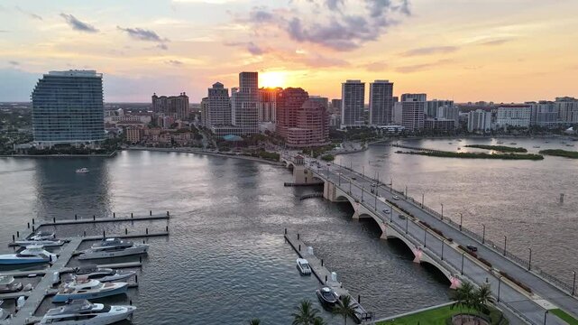 aerial timelapse video of Wet Palm Beach downtown and Okeechobee Bridge