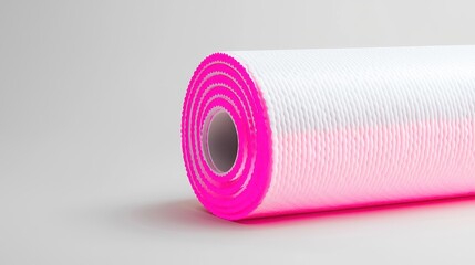 Colorful yoga mat rolled up in vibrant pink and white tones, perfect for fitness and workout sessions