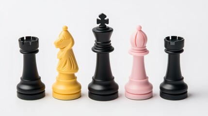 Colorful Chess Pieces on White Background Symbolizing Strategy and Competition in Board Games