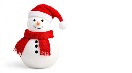 Cheerful Snowman Wearing a Red Scarf and Santa Hat on White Background
