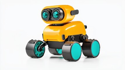 Obraz premium Cute yellow robot toy with big eyes and wheels isolated on white background for creative projects