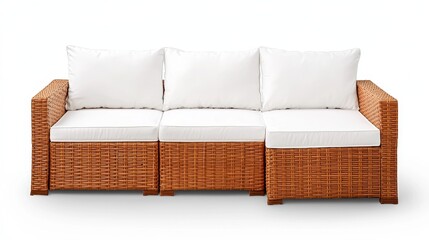 Obraz premium Elegant and Modern Rattan Sofa with White Cushions for Outdoor and Indoor Spaces