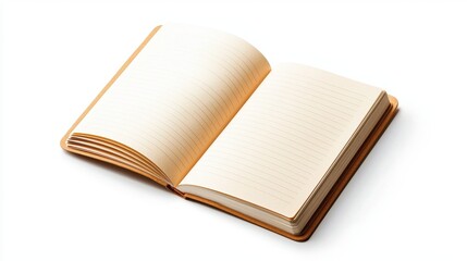 Open blank notebook with lined pages isolated on white background for writing and creativity purposes