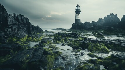 beautiful scenery with huge white lighthouse and sea! formidable dark rocks with sea