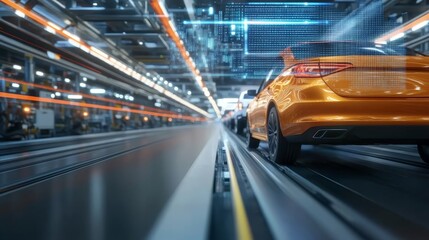 Fototapeta premium Dynamic Automotive Production Line with Modern Technology and Orange Car