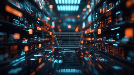 Digital shopping cart in futuristic online store