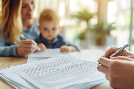 Close-up of hands signing documents with a blurred mother and baby in the background, symbolizing legal paperwork, family matters, or financial agreements in a bright, warm setting
