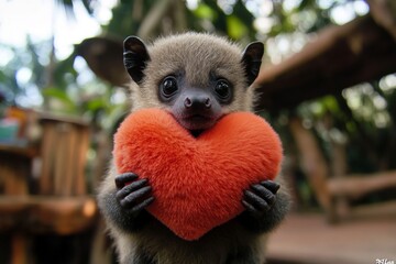 Fototapeta premium Digital ads animal layout. Cute fruit bat baby with fluffy red heart on in a natural habitat. Fruit bat - my cherished animal. Wild animals showing affection. Animals expressing love.