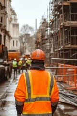 Construction worker walking city street rain.