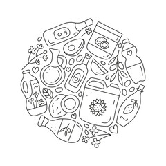 Doodle outline cooking oils in glass and plastic packages composed in circle shape. Sunflower, rapeseed, coconut, avocado oil bottles. Healthy nutrition concept. Vegetable fats.
