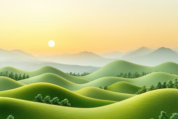 Obraz premium Serene Green Hills, Soft Sunrise Lighting, Peaceful Landscape, Vibrant Natural Scenery, Tranquil