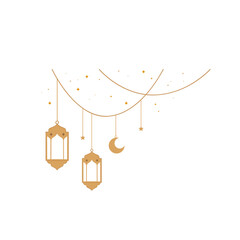 Ramadan gold hanging lanterns and lamps with star, crescent moon and arabian decoration. Traditional islamic lanterns.