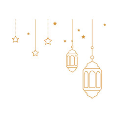 Ramadan gold hanging lanterns and lamps with star, crescent moon and arabian decoration. Traditional islamic lanterns.