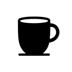 Mug Icon: Simple, bold black silhouette of a coffee mug on a saucer, perfect for cafe menus, websites, and apps. Minimalist design, instantly recognizable.