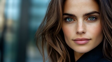 Young woman with striking blue eyes and natural makeup smiling softly at camera, brown wavy hair framing face against blurred urban background.