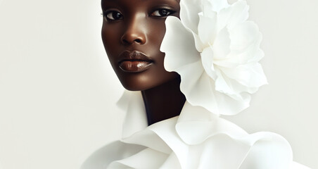 African dark skin girl in white dress with white fabric flower on white background. Fashion and clothes . Beauty portrait of African  American black skin  woman with afro hair .Cosmetics and makeup