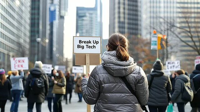 Big Tech Monopoly Protest with Break Up Signs