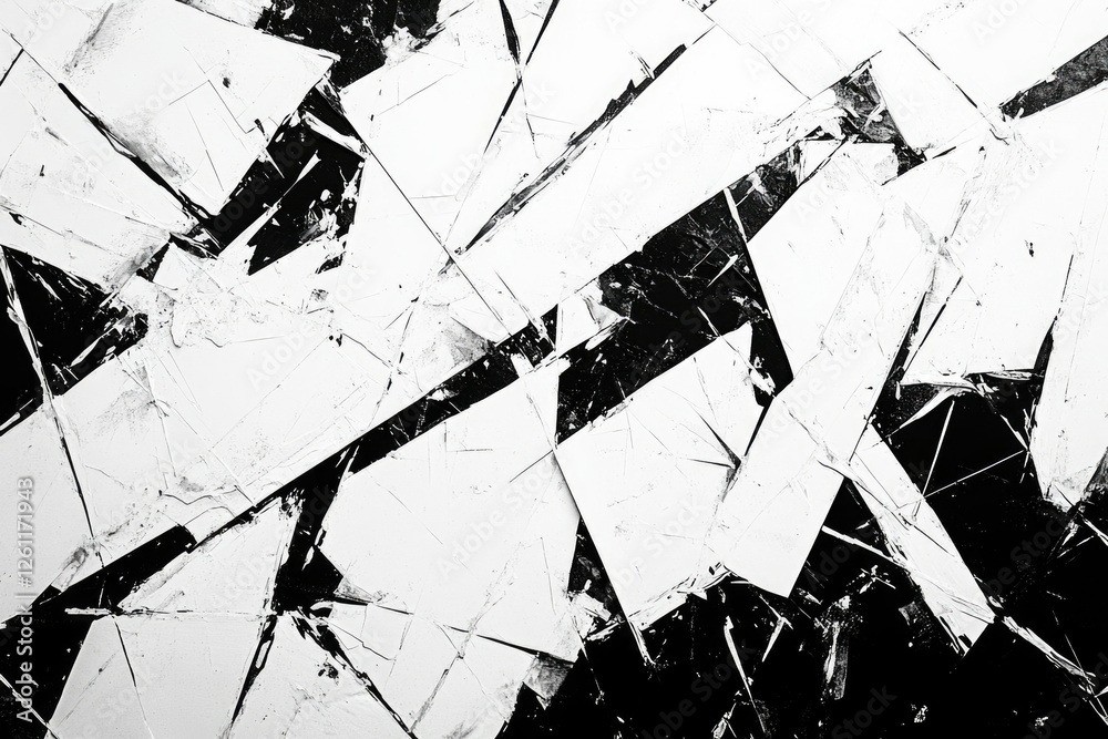 Poster abstract monochrome artwork featuring fragmented shapes and textured brushstrokes in contrasting bla