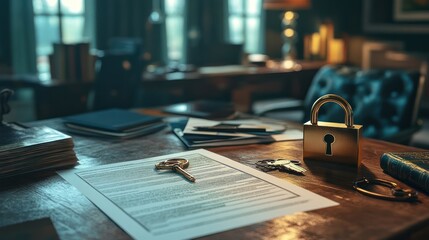 Golden padlock on contract, keys, office desk