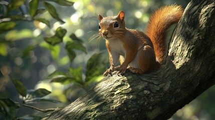 Obraz premium Red squirrel perched on branch, forest background, sunlight, wildlife