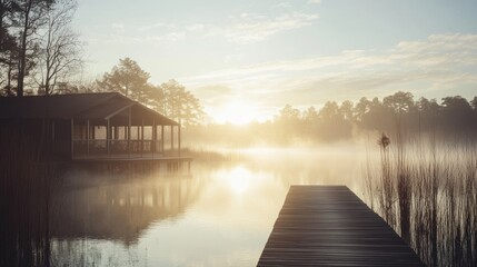 Sunrise over calm lake with lakeside cabin and dock