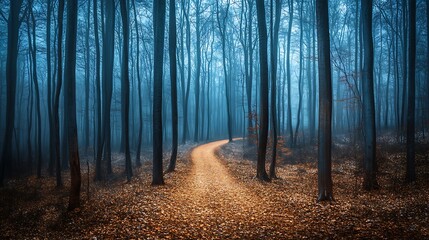 Naklejka premium Misty forest path, autumn leaves, nature background, tranquility scene